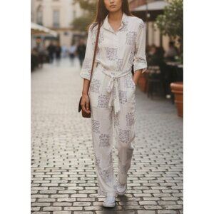 Letter Print Long-Sleeve Belted Jumpsuit By CHICME - Size M